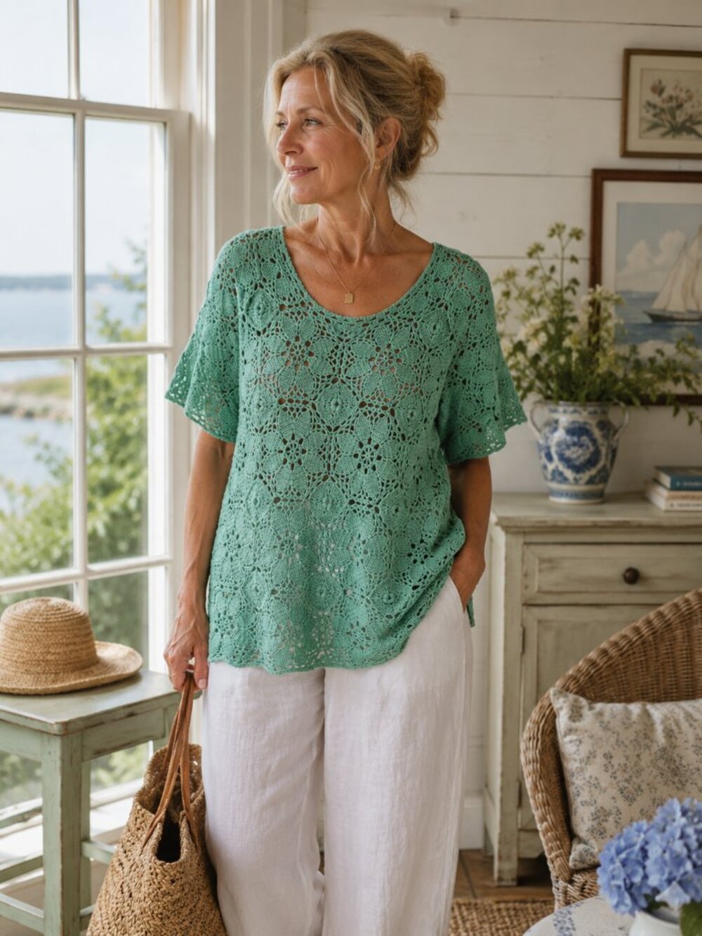 VTG THE EAGLE'S EYE Crochet Open Knit Sweater Coastal Cottagecore Lagenlook M